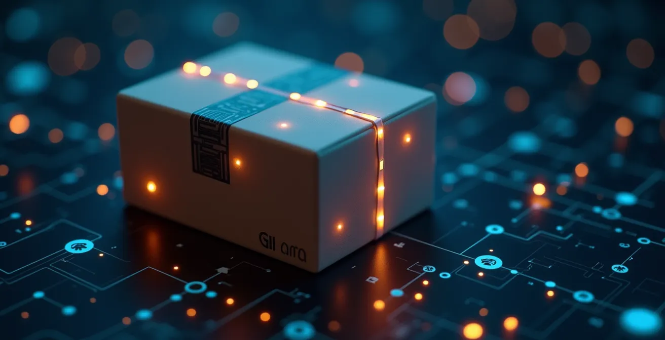 Schéma conceptuel d’un colis équipé de capteurs IoT pour suivi en temps réel