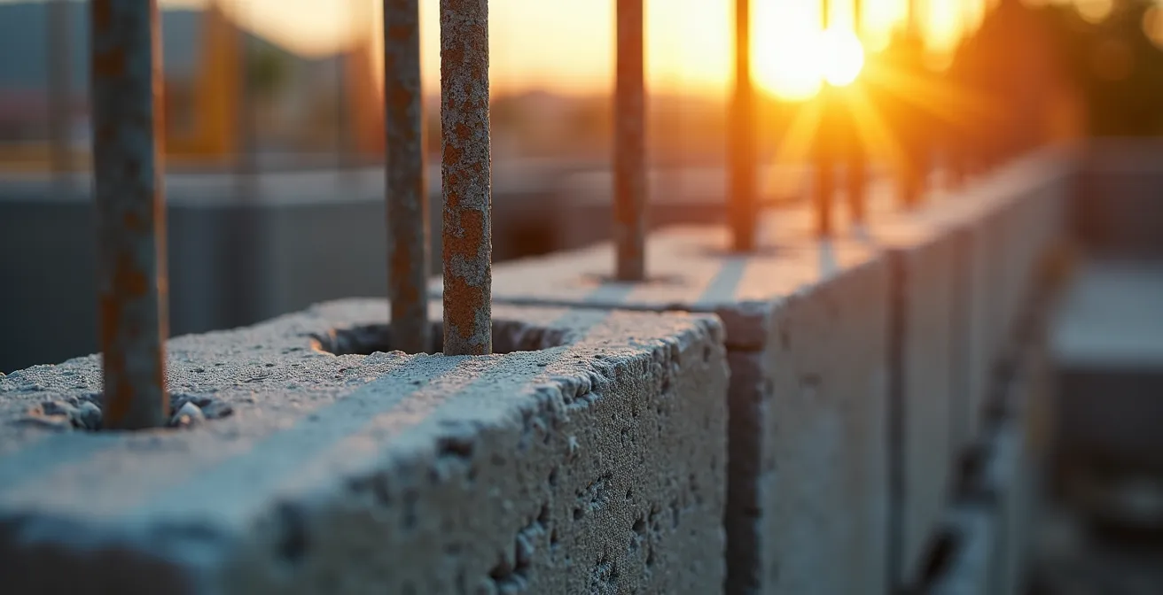 Vue macro détaillée de plots béton avec armatures métalliques visibles